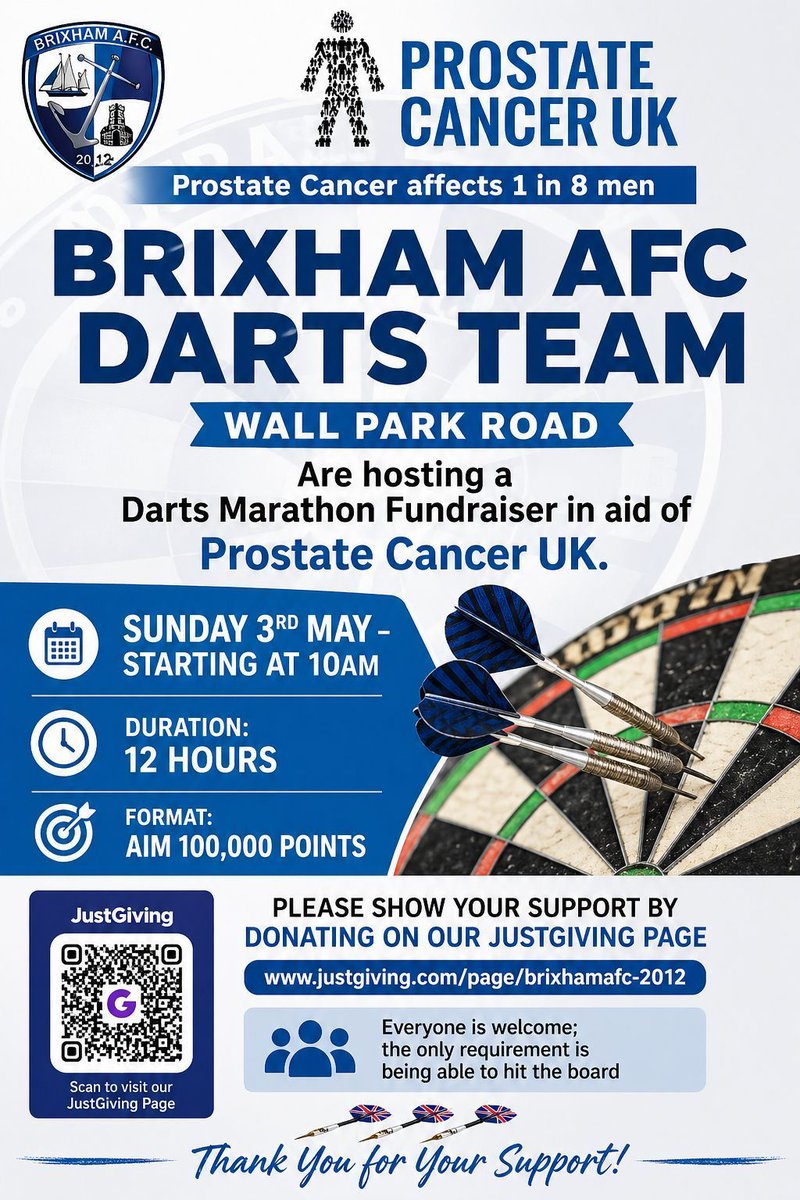 BrixhamAFC's tweet photo. Prostate Cancer affects 1 in 8 men

Brixham AFC Darts Team, are hosting a Darts Marathon Fundraiser in aid of
Prostate Cancer UK.

Sunday 3rd May
Starting at 10am
Duration: 12 hours
Format: Aim 100,000 points

Please show your support by donating on our JustGiving Page
https://t.co/PBAEdyUiRt

Everyone is welcome; the only requirement is being able to hit the board

Thank You for Your Support 

@moreseafood
@PumpTechLtd
@fptindustrial
@BrixhamCasuals
@brixham_fish_market 
@SouthernLeague1
@swsportsnews
@fishermensmission/devon

💙🤍💙🤍

BLUE ARMY

🐟🐟🐟