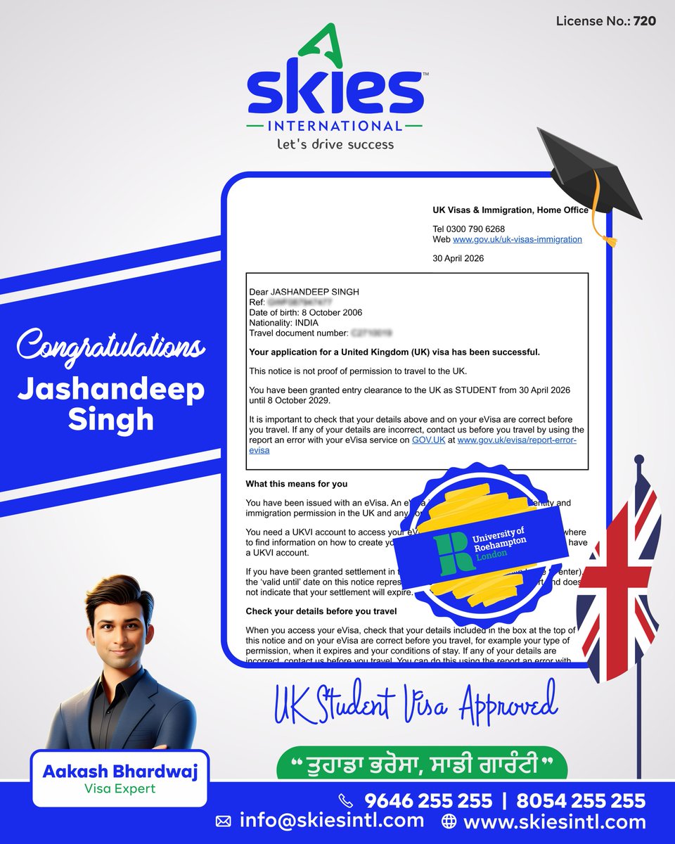 skiesintl's tweet image. 🎉 Big Congratulations to our student Jashandeep Singh! 🇬🇧✨
Your UK dream is now a reality with a successful visa for University of Roehampton! 🎓

🌍 Want to study in the UK?
Apply with Skies International today!

📞 Call Now: 9646 255 255

#UKVisa #StudyInUK #VisaSuccess