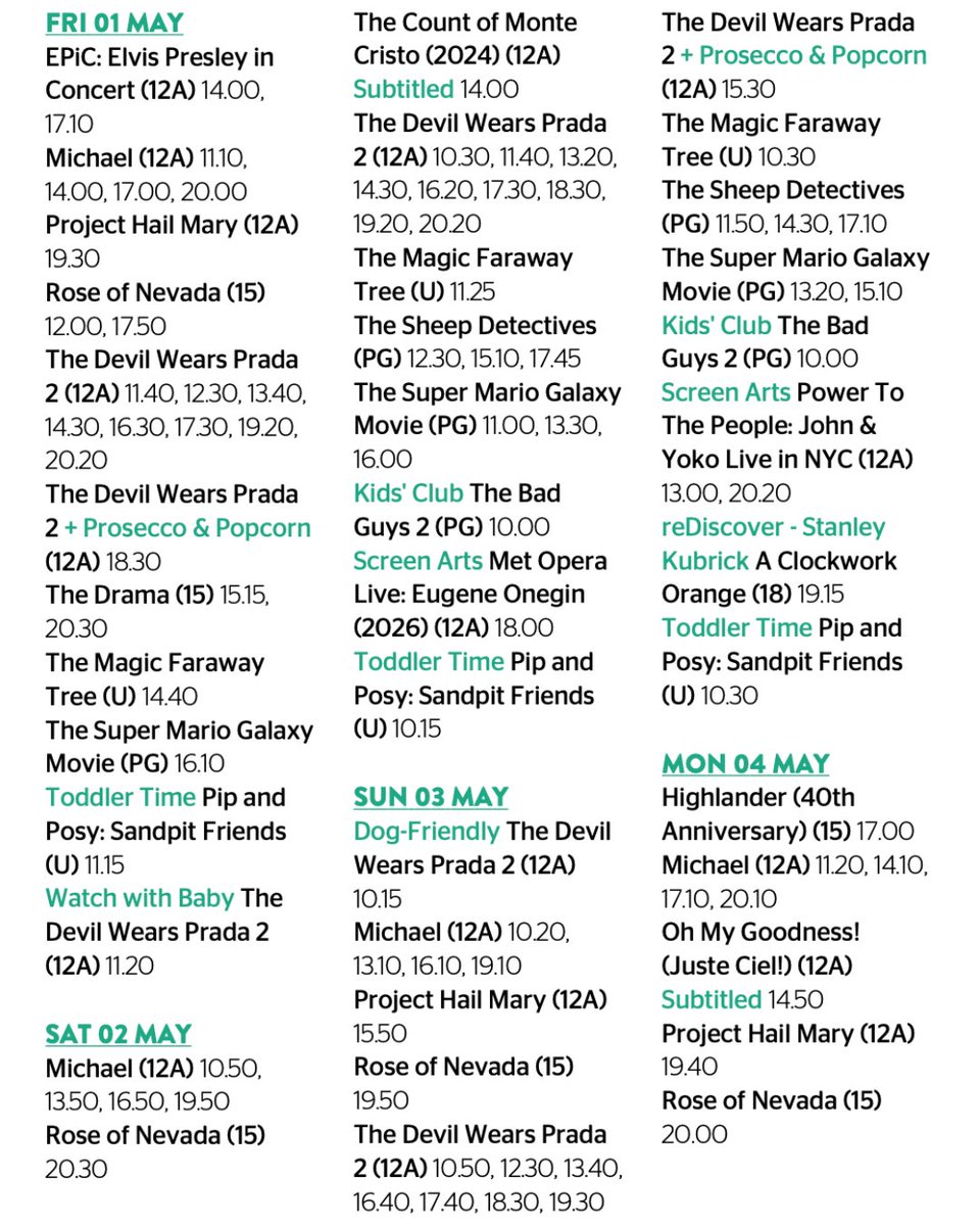 Epsom_PH's tweet photo. 🎶 Live music in the bar this Thursday 7th — it’s free 🍻🎤

Swipe for this week’s showtimes. Films from just £9.99 🍿Now Showing:
👠 The Devil Wears Prada 2
🌹 Rose of Nevada
🎤 Michael
🎭 The Drama
👨‍👩‍👧‍👦 Father Mother Sister Brother
😇 Oh My Goodness! (Juste Ciel!) https://t.co/iTFnv7MyV9