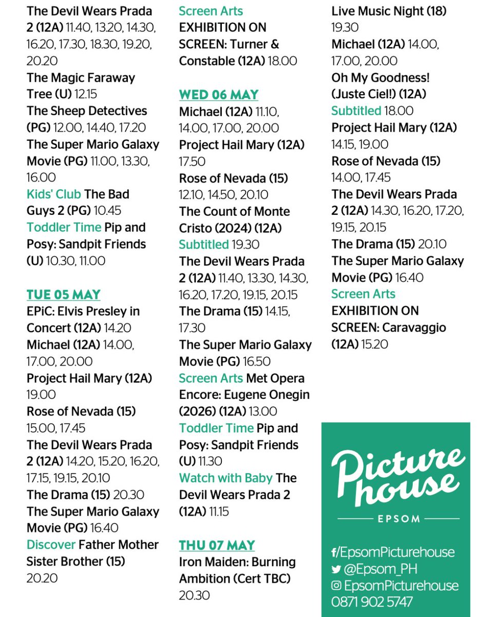 Epsom_PH's tweet photo. 🎶 Live music in the bar this Thursday 7th — it’s free 🍻🎤

Swipe for this week’s showtimes. Films from just £9.99 🍿Now Showing:
👠 The Devil Wears Prada 2
🌹 Rose of Nevada
🎤 Michael
🎭 The Drama
👨‍👩‍👧‍👦 Father Mother Sister Brother
😇 Oh My Goodness! (Juste Ciel!) https://t.co/iTFnv7MyV9