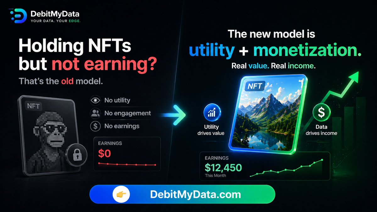 DebitMyDataTV's tweet image. Holding NFTs but not earning?

That’s the old model.

The new model is utility + monetization.

Adapt or stay stuck.

👉 debitmydata.com

#NFTHolders #NFTUtility #Web3Shift #CryptoEvolution #NFTUseCase