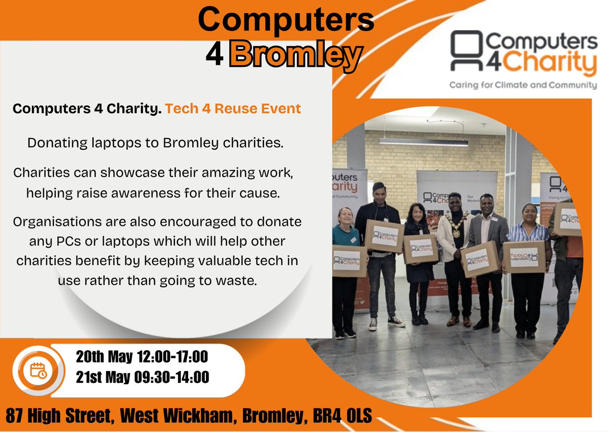 Comp4Charity_UK's tweet image. It's our Bromley Tech 4 Reuse Event soon!

Do you have unwanted IT equipment / mobile phones sitting at home?

Visit us on the 20th &amp;amp; 21st of May 2026!

Free data wiping for all donated devices. 

#bromley #donation #recycling #charity #southlondon #kent