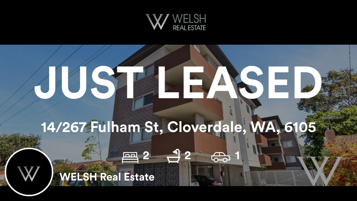 🛌 2 🛀 2 🚘 1
📍 14/267 Fulham St, Cloverdale, WA, 6105

Our latest leased rental on RateMyAgent

...
#ratemyagent #realestate #WELSH_Real_Estate