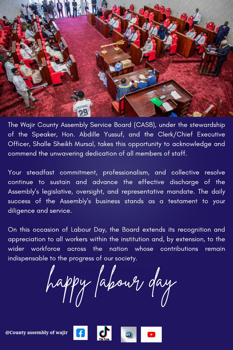 Wajir_Assembly's tweet photo. The County Assembly Service Board (CASB) wishes all staff a Happy Labour Day.

Your dedication and commitment to legislative work are truly valued and appreciated. Through your efforts, the Assembly continues to serve the people effectively. https://t.co/oztFGOHaI5