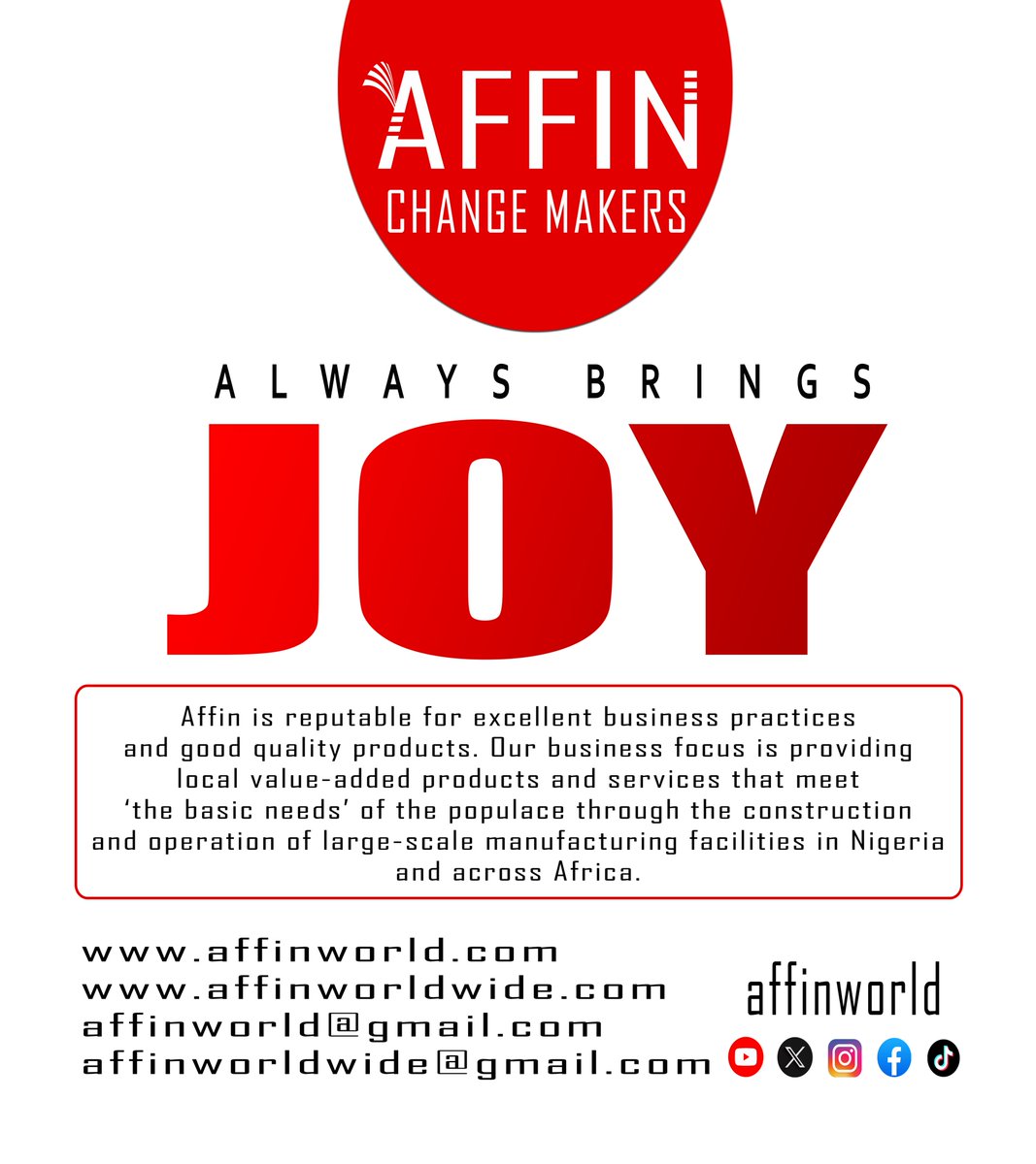 Affinworldwide's tweet image. Our business focus is providing local value-added products and services that meet the needs of the populace.

#AffinGroup #CorporateExcellence #BusinessGrowth #InnovationDriven #ProfessionalServices #GlobalStandards