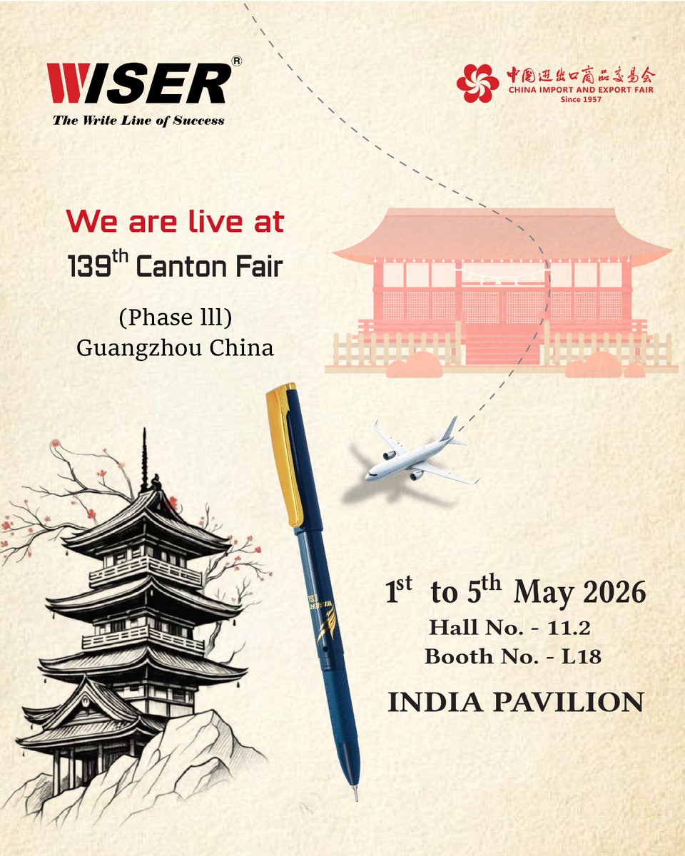elkos_pens's tweet image. We’re proud to take our journey beyond borders as Wizer goes global at the 139th Canton Fair. From India to Guangzhou, every pen we craft carries a story of precision, purpose, and progress. 
Join us at the 139th Canton Fair. 
#Wizer #CantonFair2026 #GlobalPresence #MadeInIndia