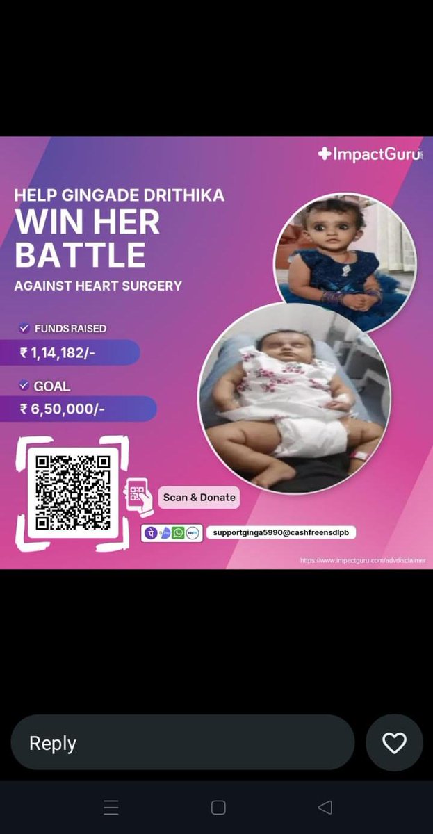NSKBRSV's tweet photo. One of my family member Gingade Narsing Rao brother-in-law his daughter Drithika 8 months baby heart beat problem recently they admitted hospital they already spend 500000 on her treatment the upcoming surgery 650000 neeed please help 🙏 @KCRBRSPresident @KTRBRS @BRSHarish https://t.co/IjOUo1Xniz