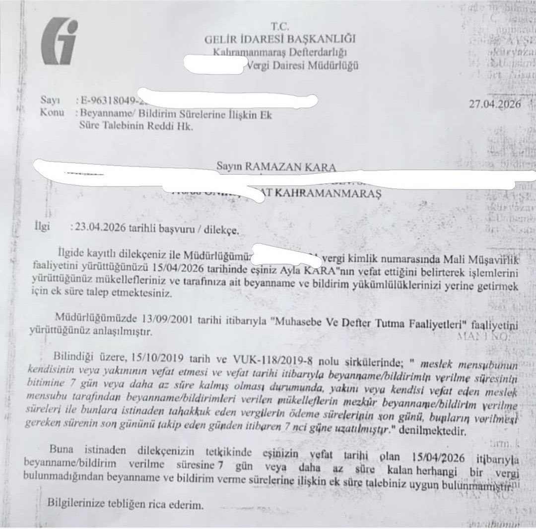 Alickrkc4's tweet photo. K.maraş daki olay da eşi Ayla öğretmeni kaybeden eşi mali müşavir  olup maliye bakanlığına süre talep eder ancak maliye Red yazısı gonderir. Adamın acısı var yazıktır. Maliye bakanlığı devret bağımsız çalışıyor zaten insanlar iyice isyan etti.
@RTErdogan @dbdevletbahceli @ https://t.co/48C1N8Jxk8