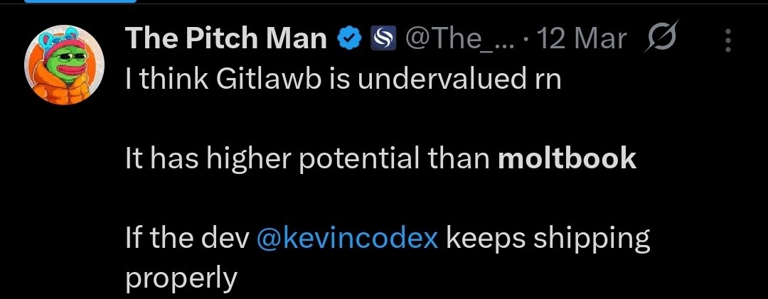 I remember telling you on march 12th that <a href="/gitlawb/">GitLawb</a> has higher potential than moltbook  

<a href="/kevincodex/">Kevin</a> didn't disappoint lfg
