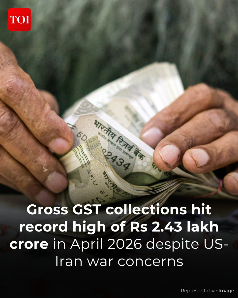 timesofindia's tweet image. The gross Goods and Services Tax (#GST) collections touched a new high in April, reflecting continued strength in economic activity even in the midst of the ongoing #MiddleEast conflict. 

More details 🔗  toi.in/Q4aDta42