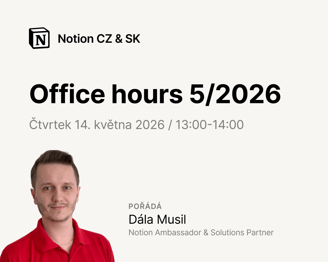 dalamusil's tweet image. V květnu poprvé #Notion Office Hours = hromadná konzultace pro 5 z vás, kteří nepotřebujete celou hodinu individuální konzultace.

Na callu zodpovím / nastavím / vytvořím / upravím cokoliv.

Registrace: buy.stripe.com/8x2fZjfHV5zg1k…

(akce proběhne i kdybyste byli jediný účastník)