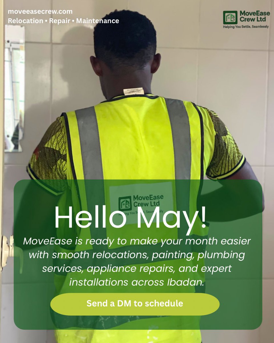 moveeasecrew's tweet photo. Hello May 🌿

New month, new goals, new spaces to improve. MoveEase Crew Ltd is ready to serve Ibadan with smooth relocations, painting, plumbing, expert installations, and maintenance services.

Reliable service. Professional delivery. Stress-free experience.

📩 DM to schedule https://t.co/S9FiyZqjt0