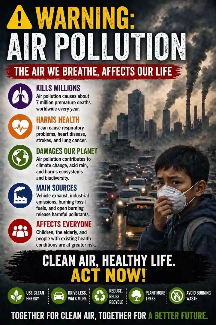 Healtheworldeco's tweet image. Air pollution is a silent killer.

Driven by emissions, industries, and waste burning, it harms our health and environment.
Clean air isn’t optional it’s essential.

#AirPollution #CleanAir #ClimateAction #SaveEarth