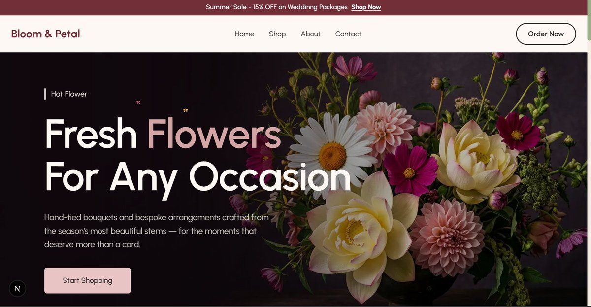 SMetkari17's tweet photo. 💻 Day 1 / Before vs After Challenge

Most florist sites look like template kits. Rebuilt one from scratch in a weekend.
Same business. Different feeling entirely.
Live → https://t.co/rMViW5vwzn
Stack: @nextjs · @sanity_io · @tailwindcss
#WebDev #NextJS #UIDesign #framermotion https://t.co/0KqaDLiJ8y