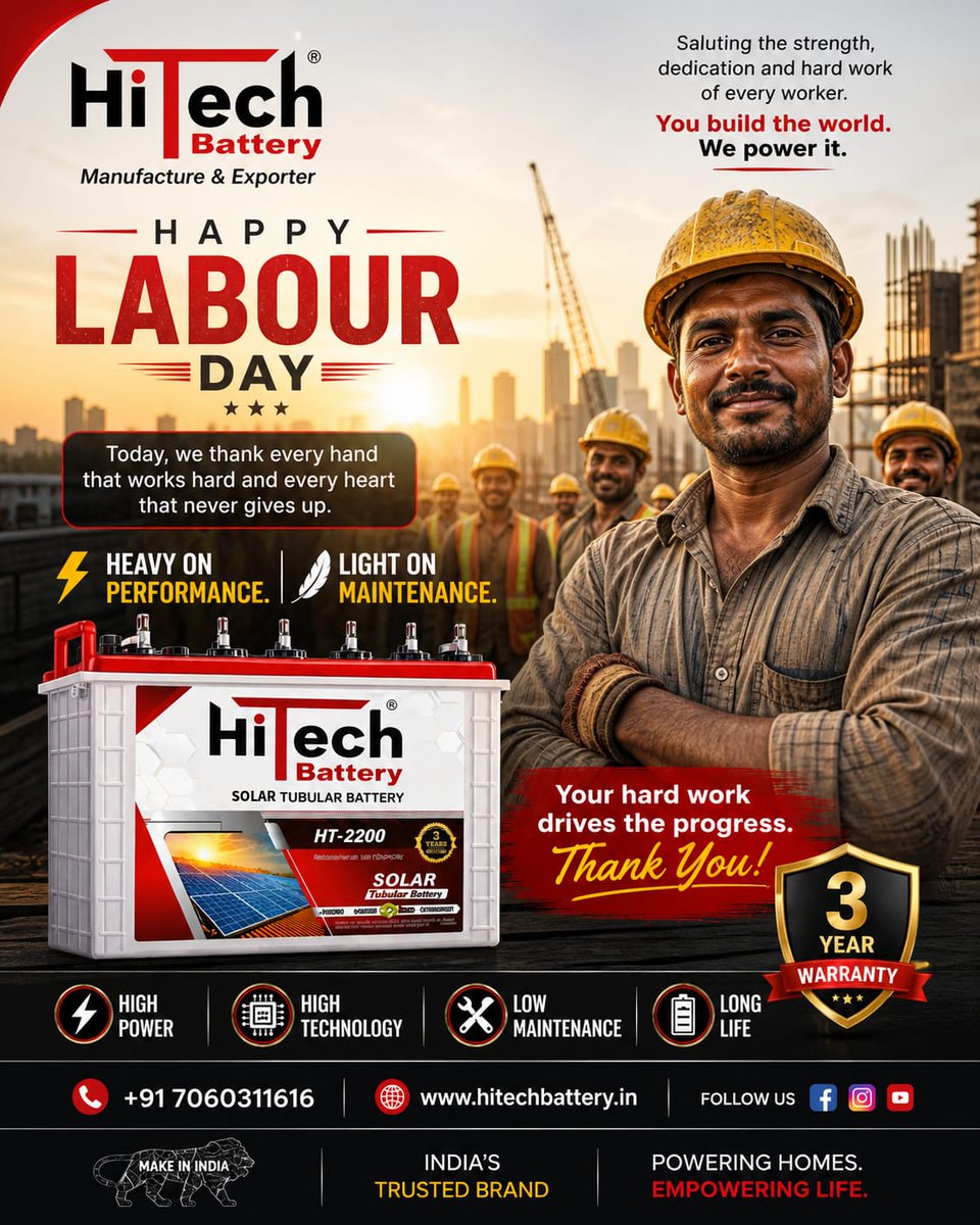 HitechBattery's tweet image. Respect to the hands that build the world 💪🌍

HiTech Battery salutes every worker this Labour Day.

👉 You build the world. We power it ⚡

🌍 Distributors Wanted
📞 +91 7060311616
Hi 
#LabourDay #WorkersDay #HiTechBattery #PowerBackup #GlobalBusiness