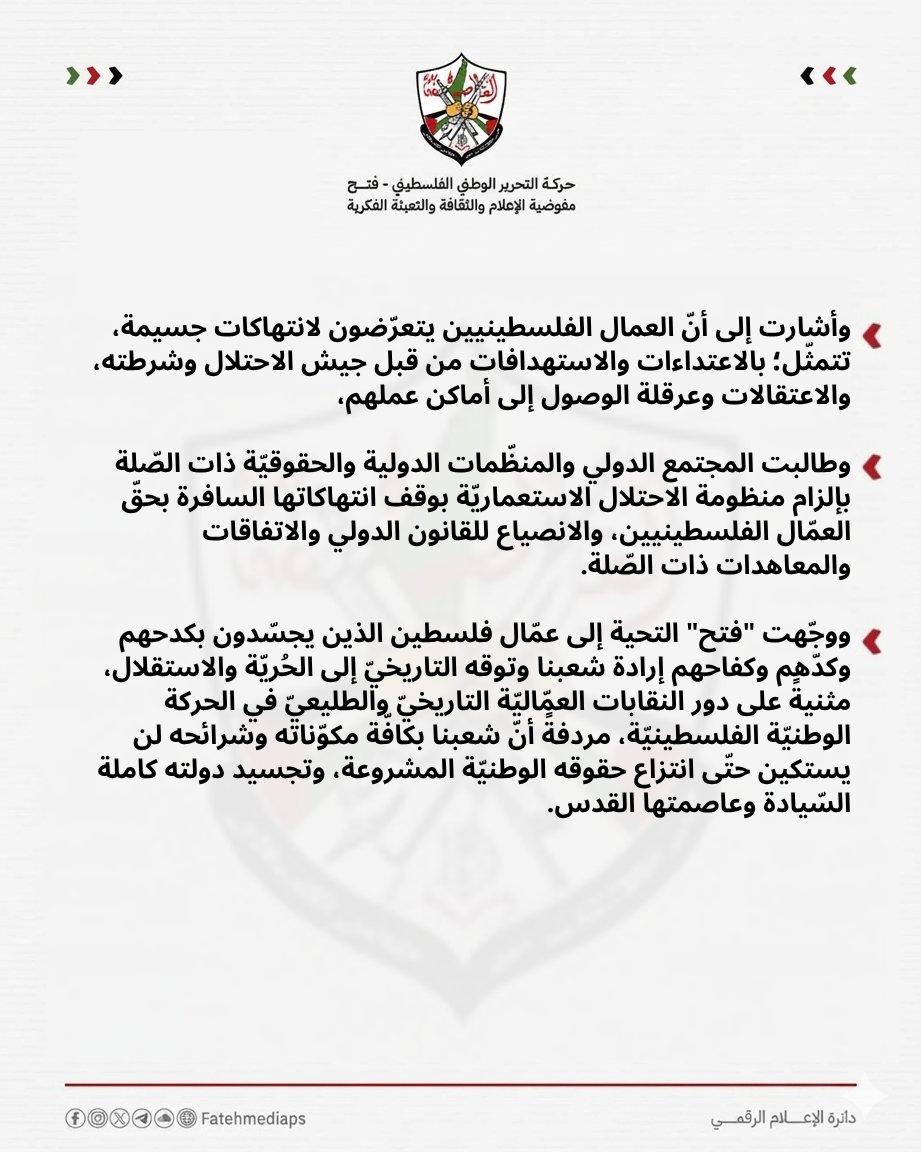 fatehmediaps's tweet photo. ⚜️في اليوم العالميّ للعمّال.."فتح": العمال الفلسطينيّون رافعة للمشروع الوطني وركيزة لبناء الدولة. https://t.co/JLgR7k7tU7