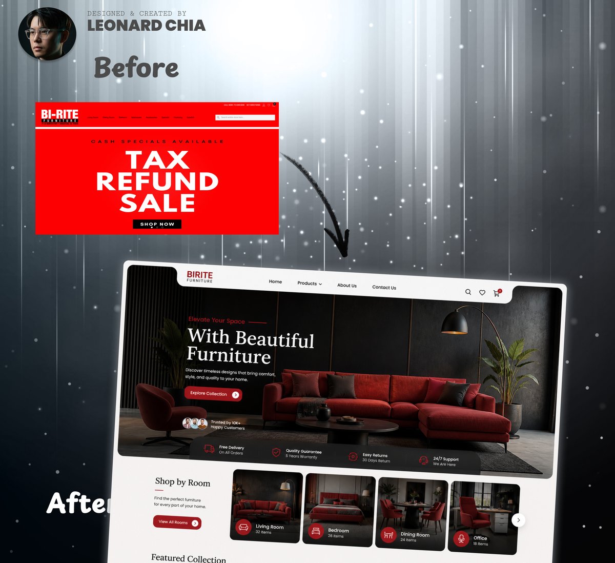 SengYeeChia's tweet image. Redesign challenge #24

This looked like a discount banner, not a brand.

Loud sale. No story. No direction.

So I changed Show the product, Set a mood, Clear structure, Easy to shop

Now it feels like a furniture brand.
Not a real client. Just practice.

#webdesign #uidesign