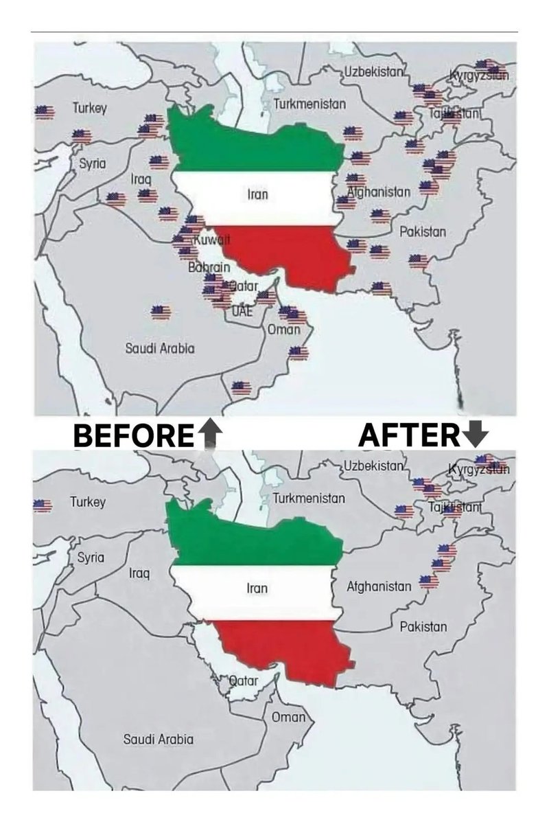 FalmataAh1's tweet photo. I don't know if I'm so stupid to understand Trump victory in this war. The following two photos illustrate two situations before and after war USA military bases in middle East Asia. Is this reality on the ground demonstrate win and #Hormuz under control of Iran gas $4-8 in USA. https://t.co/6wH63Z8qyX