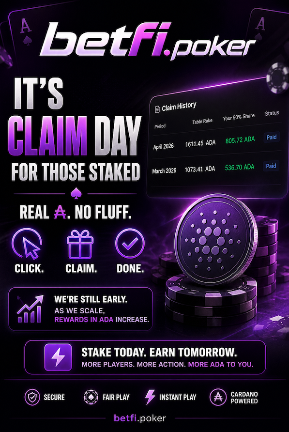 It’s $ADA Claim Day at BetFi 💸
April payouts just dropped for stakers ♠️

#cardano #poker
