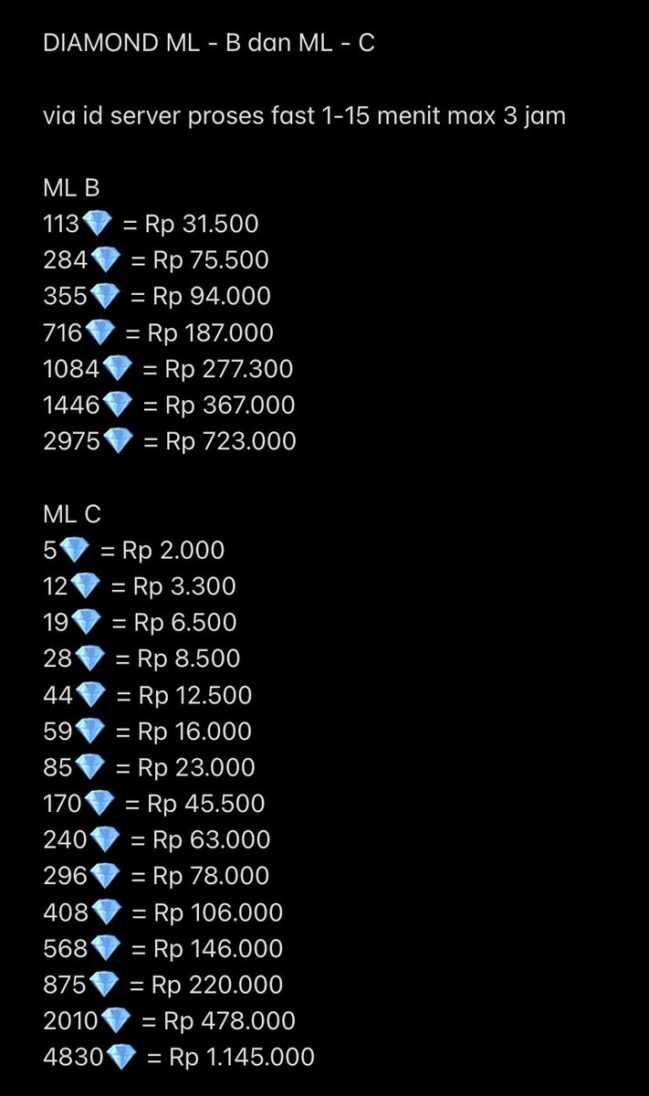 luoyyyi's tweet photo. PL FAST EVENT LESLEY LEGEND

proses fast 3–10 menit (max 1 jam jika error)

misi 100💎
1 WDP 28.000
113💎 31.500
170💎 45.500

misi 250💎
1 WDP + 170💎 72.500
2 WDP + 54💎 71.500
3 WDP 84.000
284💎 75.500
344💎 93.000
429💎 113.500
452💎 118.000

diamond dm wdp ml #zonauang https://t.co/SG3Tcep7cX