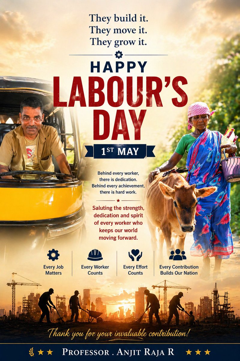 meetprofaara's tweet image. Behind every journey, there is hard work.
Behind every success, there is dedication.
Saluting every worker today and always. 🙏
#LabourDay #WorkersDay #Gratitude #India
– Professor Anjit Raja R