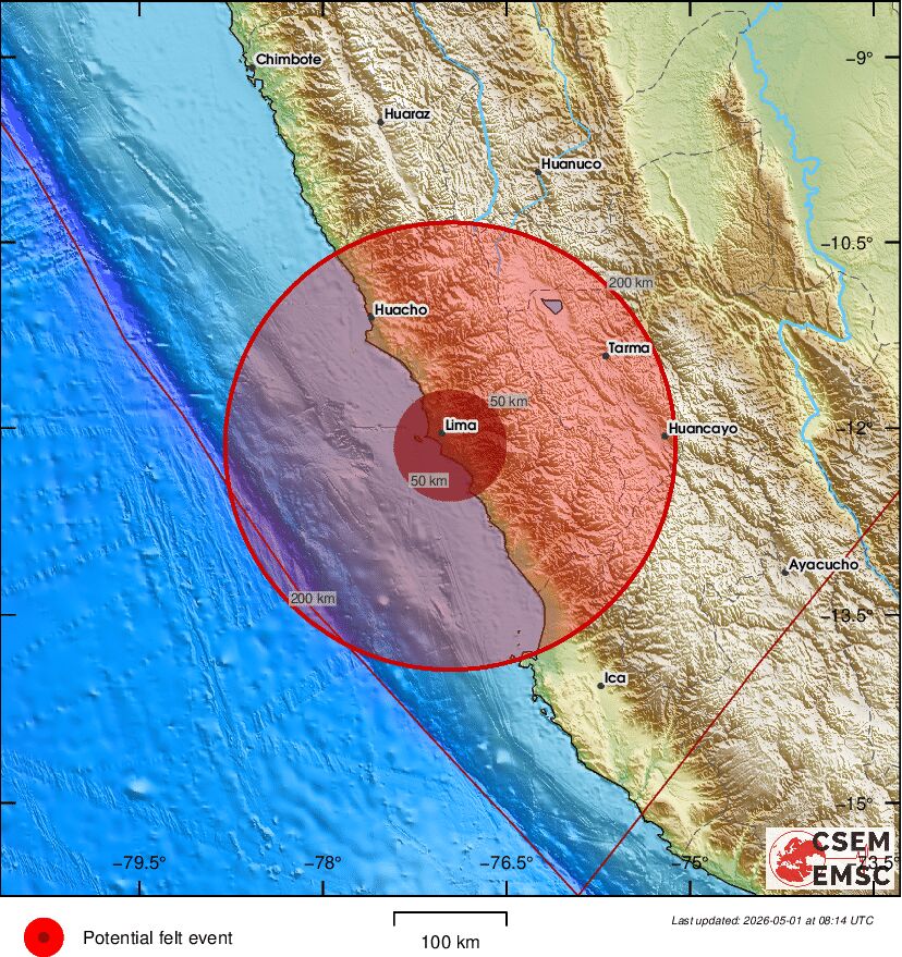 LastQuake's tweet image. #Earthquake (#sismo) possibly felt 7 sec ago in #Peru (detected from sismo.app). Felt it? Tell us via:
📱m.emsc.eu/#app
🌐m.emsc.eu
🖥emsc-csem.org
⚠ Automatic crowdsourced detection, not seismically verified yet. More info soon!