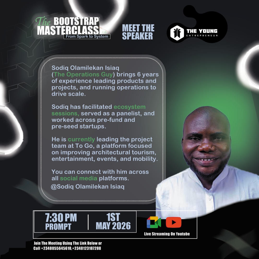 TYEhub_africa's tweet photo. MEET THE SPEAKER 🎙️
Sodiq Olamilekan Isiaq @IOlamile — The Operations Guy.
6 years building systems across pre-fund startups in the most uncertain conditions.
Tonight he's in the room. And he's not holding back.
📅 Tonight · 🕐 7:30pm
🔗 https://t.co/C1azd2s5cL
#TYE https://t.co/xe4djk7h2K
