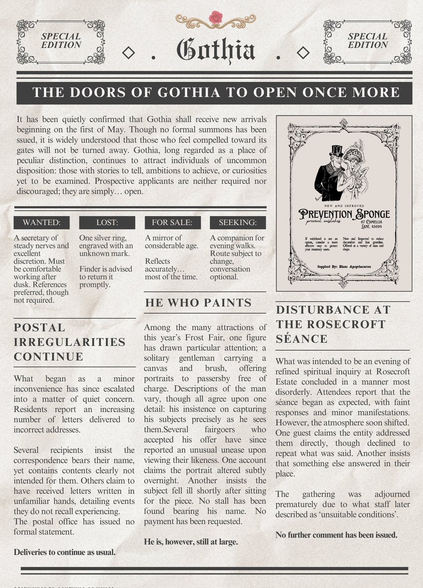 Gothia_RP's tweet photo. ✦     .      ⁺      .     ✦     .      ⁺      .      ✦

The doors of Gothia open once more!

Step inside into the dark, beautiful world of a fantastical Victorian London... if you have the heart for it.

https://t.co/HU0mrqI3Jm https://t.co/QmE9HdZru9
