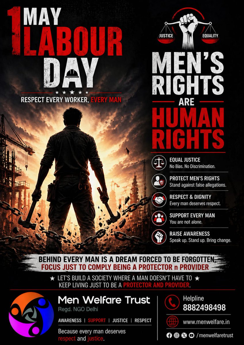 MenWelfare's tweet image. #LaborDay #1May, we salute every man as they has been a building block themselves for the world as we know.

Salute to the sacrifices which are often expected, just based on the gender.

Without questioning the discrimination, men continue to contribute to family, society, world