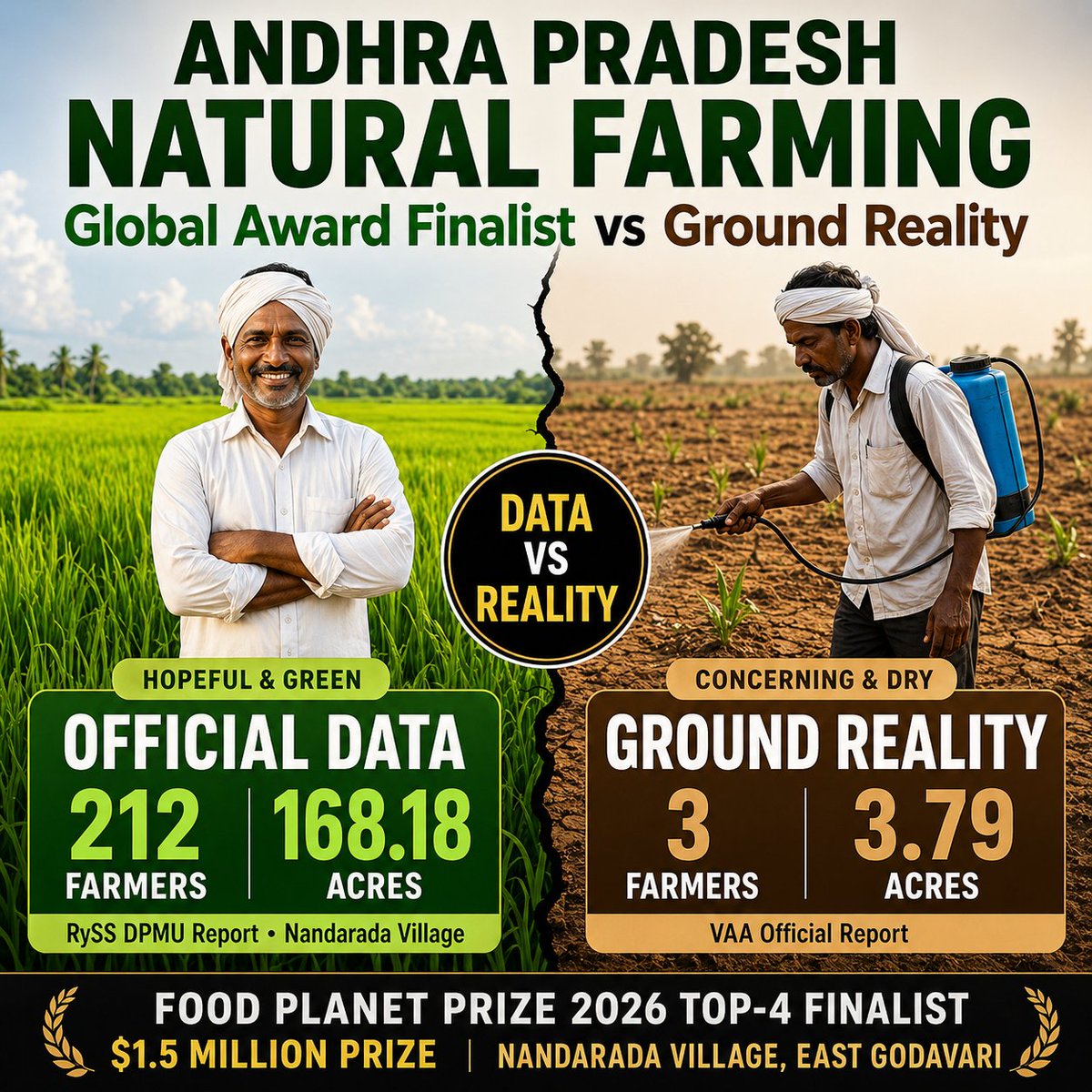 ArjunCrimi60167's tweet image. Andhra Pradesh Natural Farming is gaining global recognition. 🌍
But what does the ground reality say?
📊 Official data: 212 farmers
📉 RTI ground data: Only 3 farmers (Nandarada village)
Where is the gap coming from?
Full report 👇
medium.com/@haridegala1/a…⁠�
#NaturalFarming