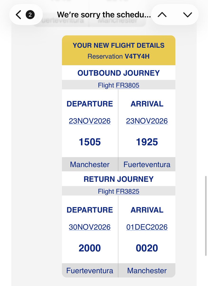 Foxy05's tweet photo. Genuine question @Ryanair - why do you do this? Change a flight by a whole day (&amp; to worse times!). Is there a genuine reason or is it just because you can &amp; you want to inconvenience customers who have already paid in full way in advance &amp; just want to break their trust? https://t.co/xDJLXyT1CF