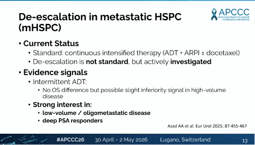 nataliagandur's tweet photo. ⭐ De-escalation in mHSPC can we safely treat less?
@OncoAlert @APCCC_Lugano #APCCC26 @Silke_Gillessen @AOmlin
Presented by Mika P. Matikainen
👏 Excellent, forward-looking presentation
🔹 Thought-provoking and clinically important talk

🔹 Key insights:
🔵 EMBARK introduces a modern de-escalation model
• PSA-guided treatment suspension
• A significant proportion remain off therapy >2 years
🔵 Current standard → continuous intensification
• De-escalation not yet standard, but rapidly evolving
🔵 Who may benefit?
• Low-volume / oligometastatic disease
• Deep PSA responders
• Favorable biology
🔵 Intermittent strategies:
• Similar OS in selected patients
• Possible trade-offs in high-volume disease

🔵 Future direction:
• Shift from empirical → biomarker-driven de-escalation
• Ongoing trials testing adaptive, response-guided strategies
🔹 Key unanswered questions:
• Optimal PSA thresholds to stop/restart
• Role of PSMA-defined disease burden
• Can ARPI monotherapy replace long-term ADT?

🔹 Take-home:
De-escalation is no longer hypothetical →
but precision selection is critical before changing practic
@ecancer @urologysummit @MedicalwatchHQ  @urotoday  
#ProstateCancer #UroOncology #Oncology