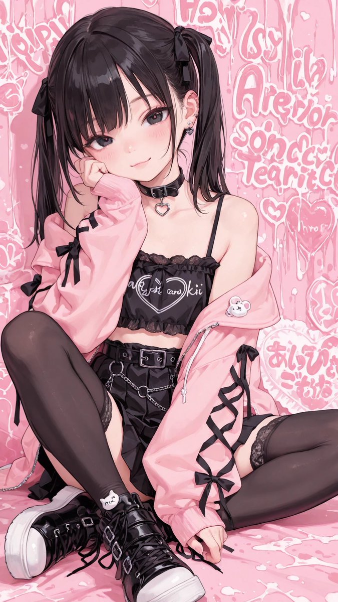 AliceLavli's tweet image. 地雷系ストリートファッションをどうぞ✨
pink jirai kei street fashion, oversized pastel pink hoodie with black ribbon details, layered pleated mini skirt in black and dusty pink, detached sleeves with lace trim, loose off shoulder silhouette, oversized zipper accents, black
