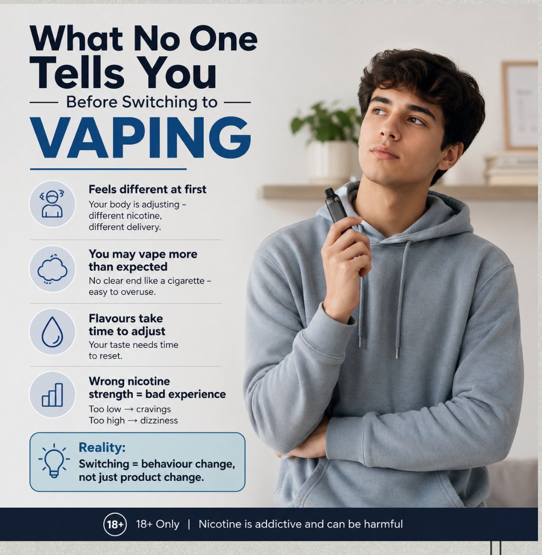 Switching to vaping? It's not always smooth. The hit feels different, you  may vape more, and flavours take time to adjust. Choosing the right  nicotine strength matters. It's not just a switch