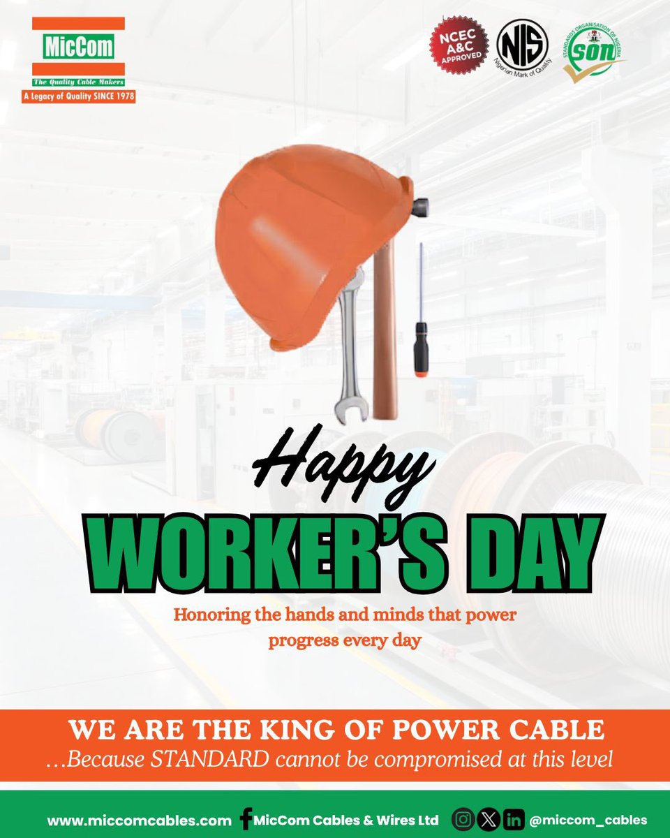 MicComCables's tweet photo. The real power behind every connection is people.

Today, we celebrate the dedication, skill, and hard work that keeps Nigeria moving 

Happy Workers’ Day. 

#WorkersDay #LabourDay #MicComCables #BuiltForNigeria #PoweringNigeria #PeopleBehindThePower https://t.co/HizvOyh1X1
