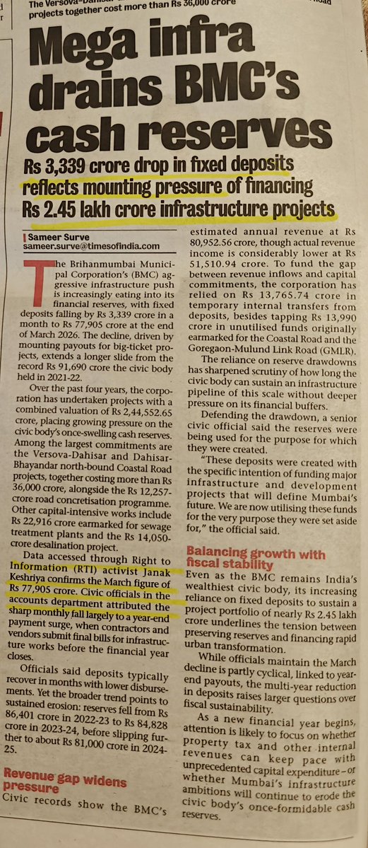 jskeshriya's tweet image. Thanks @TheMumbaiMirror for covering our important issue of 'Depleting #FixedDeposit in #BMC 

In 2021-22 #FD was Rs.91,690 &amp;amp; upto March,2026 it is Rs.77,905 #crores 

@AshwiniBhide #Development 🤔