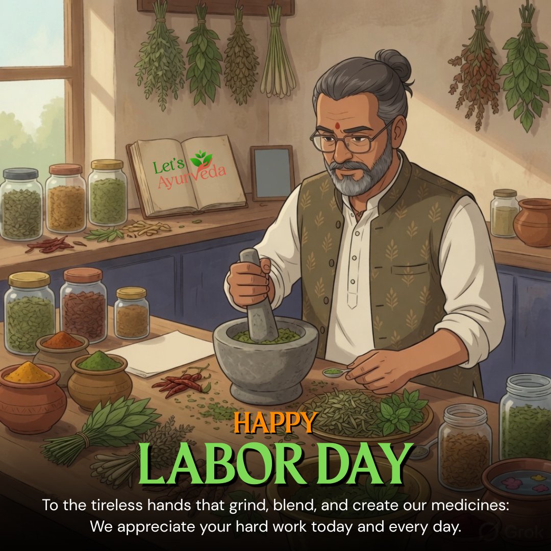 lets_ayurveda's tweet photo. Behind every healing remedy is a lifetime of wisdom.
This Labor Day, we bow to the Vaidyas, farmers, and karigars who grind, blend, and craft wellness with devotion. Your labor is our healing.

#LaborDay #HappyLaborDay #MayDay #DignityOfLabor #SaluteToWorkers #AyurvedaWorkers https://t.co/FNHaIp0L28