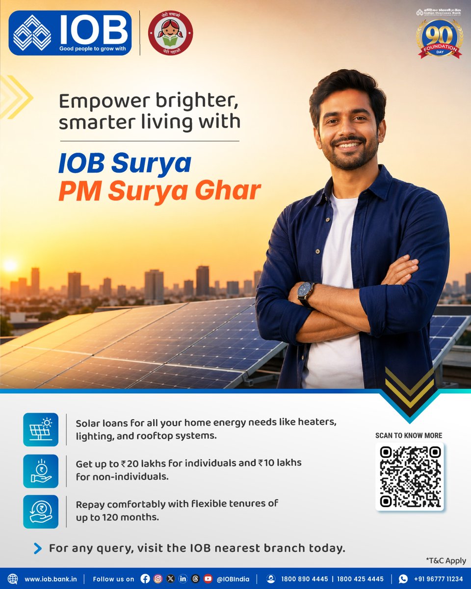 IOBIndia's tweet image. Empower your home with solar energy through easy financing, higher loan limits, and flexible repayment - making clean, sustainable living simple and accessible.

Visit: iob.bank.in/en/iob-surya-p…

#SolarEnergy #Solar #IOB #DFS #RBI #IOBForYou #IndianOverseasBank