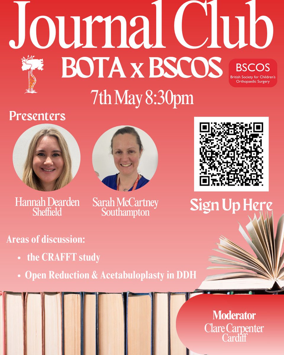bota_uk's tweet photo. 📢 BOTAxBSCOS Journal Club
📅 7th May 8:30pm 
📍 Online 

Join us for our Journal Club, ran with BSCOS, which will focus on the CRAFFT study and Open Reduction and Acetabuloplasty in DDH

🔗 https://t.co/WQS0sk5iwy https://t.co/FkxR637F6u