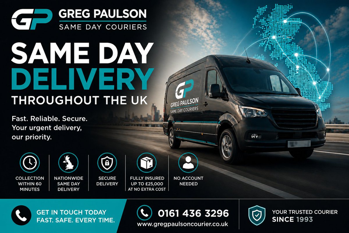 PaulsonCouriers's tweet image. Need a delivery today, you're only a phone call away.

Nationwide same day courier service.

Collection within 60 mins / Fully insured / Dedicated vehicles / Pay by card - no account needed. 

Tel. 0161 436 3296.
gregpaulsoncourier.co.uk

#samedaydelivery #courierservice #delivery