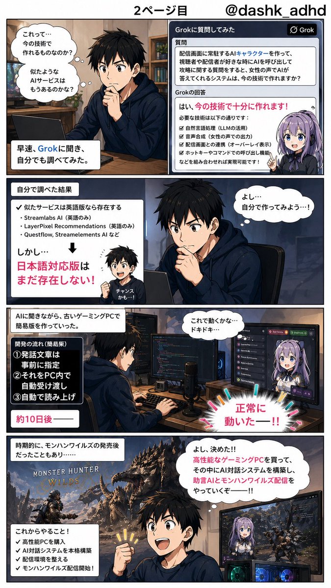dashk_adhd's tweet photo. ゲーム配信用助言AIを自作した話を #ChatGPT に #マンガ 化させてみた(一部自分で修正)

※ほぼ実話です https://t.co/PcRXsdo51P
