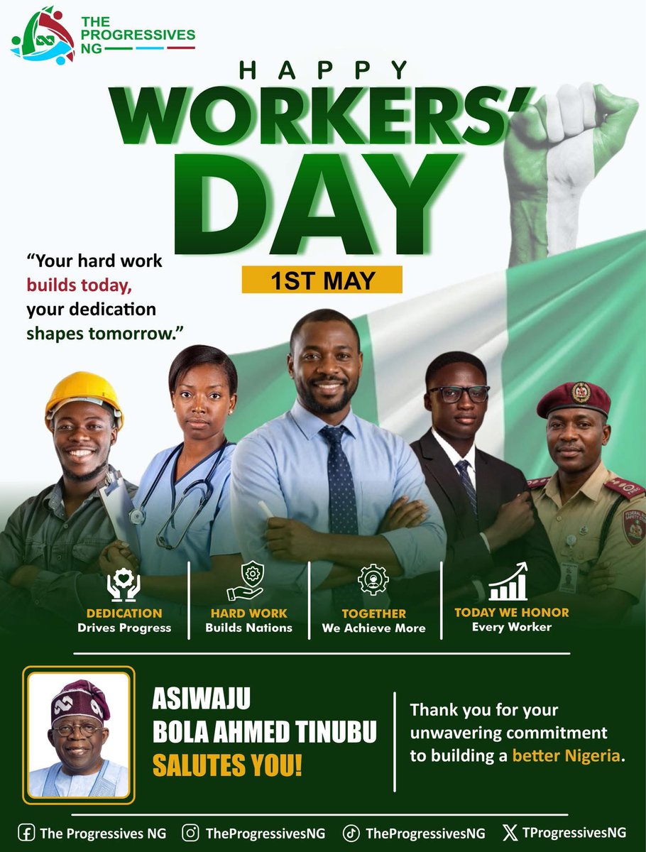thplatform_NPPY's tweet photo. Happy Workers’ Day to everyone tirelessly working to make Nigeria a better nation. May God reward your dedication with abundant happiness, success, and prosperity. @OfficialAPCNg @woye1 @ML_Akanni @Mz_Tosyn @ML_Akanni @followlasg @hidoowu @MrAfobaje @RHAmbassadorsHQ @Hon2qur https://t.co/fyaGrmbJQx