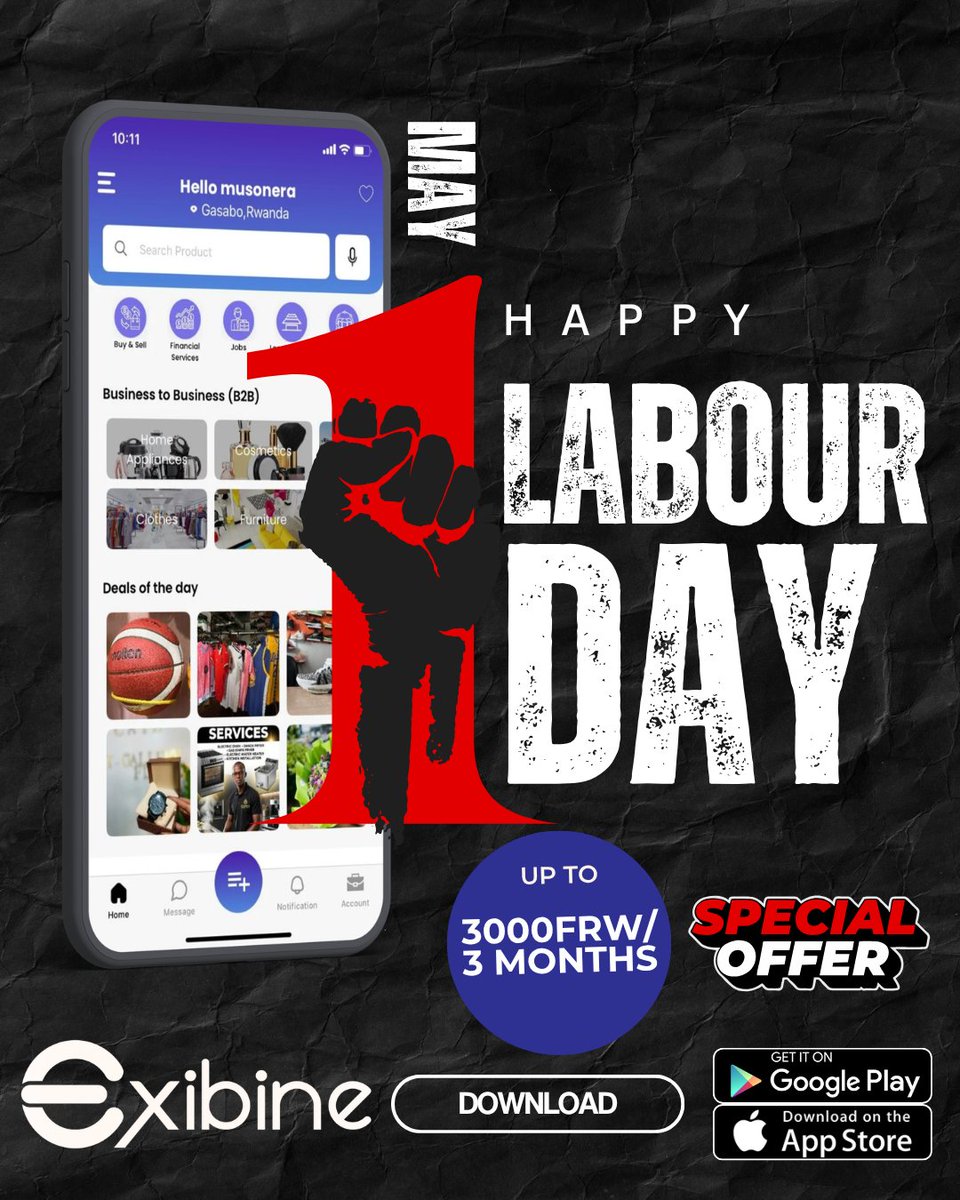 Exibine_'s tweet photo. Happy Labour Day!

Celebrate the hard work that builds our community 

This Labour Day, grow your business with Exibine and reach more customers near you!

🔥 SPECIAL OFFER
List your products for ONLY 3000 RWF for 3 MONTHS

📲 More visibility
📍 More local customers
💼 More sales

👉 Don’t miss out  promote your business today on Exibine!

#LabourDay #SupportLocal #Exibine #RwandaBusiness #SmallBusinessGrowth