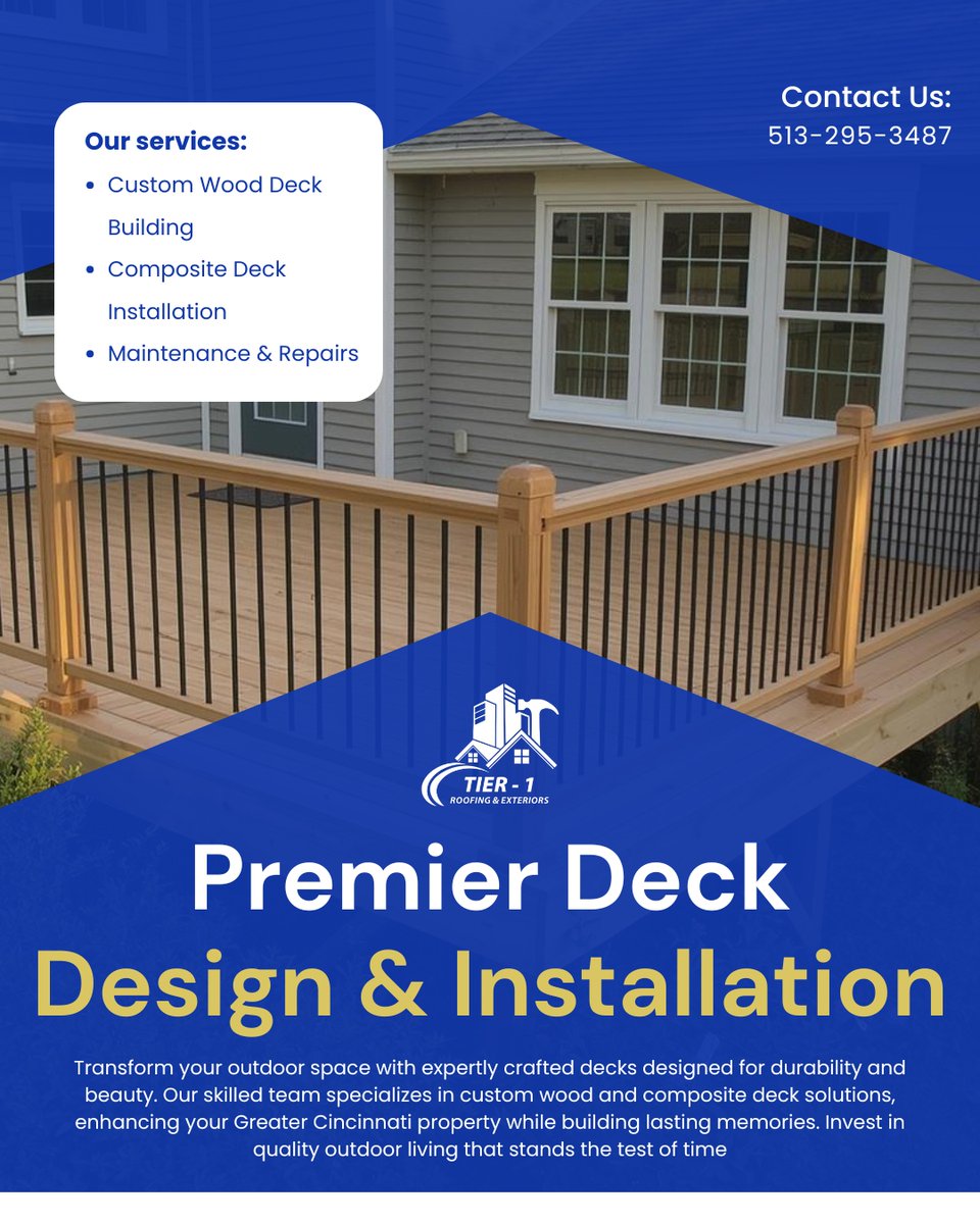 Tier1RandE's tweet image. Elevate your outdoor living! 🏡 
Tier 1 Roofing &amp;amp; Exteriors crafts stunning custom wood &amp;amp; composite decks built to last. Transform your Greater Cincinnati home today. 

📞 513-295-3487 

#DeckBuilding #CincinnatiCO #OutdoorLiving