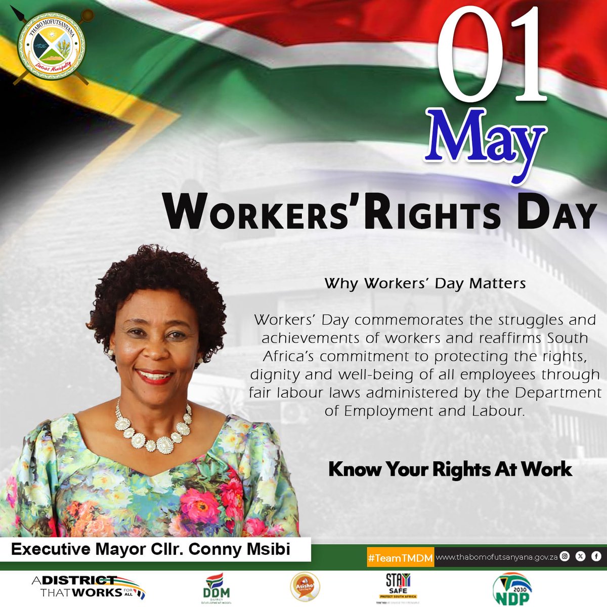 TeamTMDM's tweet photo. #TeamTMDM Workers’Day commemorates the struggles and achievements of workers and reaffirms South Africa’s commitment to protecting the rights,dignity and well-being of all employees through fair labour laws administered by the Department of Employment and Labour. 
#KnowYourRights https://t.co/AyxWZhbp2Y