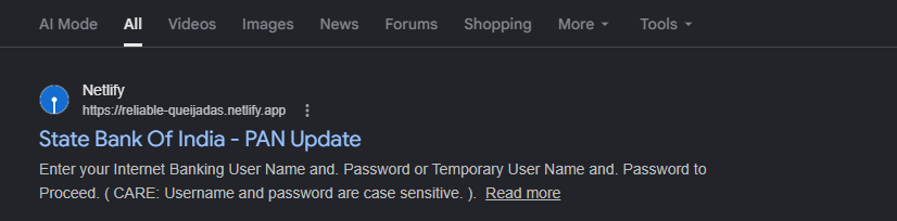 Malwarehunterr's tweet image. Fake YONO SBI #phishing site harvesting credentials

reliable-queijadas[.]netlify[.]app
reliable-queijadas[.]netlify[.]app/1st.php 

@TheOfficialSBI @Cyberdost