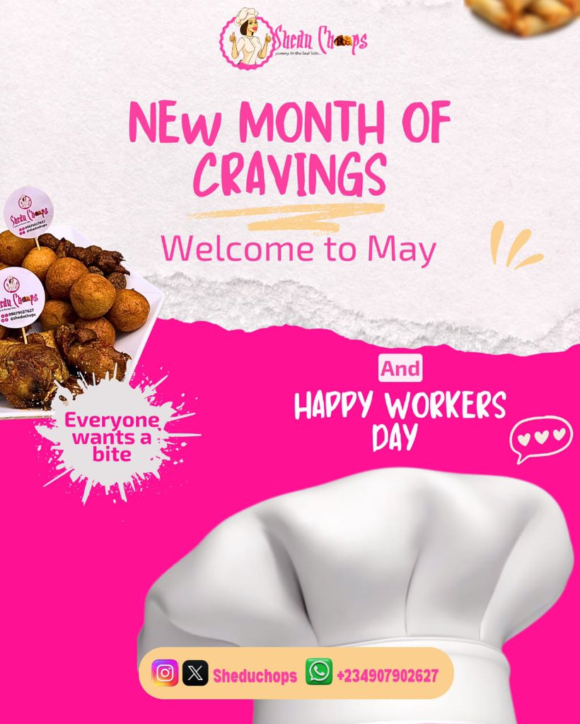 sheduchops's tweet photo. Happy New Month πβ¨
Happy Workersβ Day to everyone grinding daily πͺπ½
Celebrate this May with delicious chops from Shedu Chops π
DM to order π
#SheduChops #WorkersDay #NewMonth https://t.co/DOKoKGFWp9
