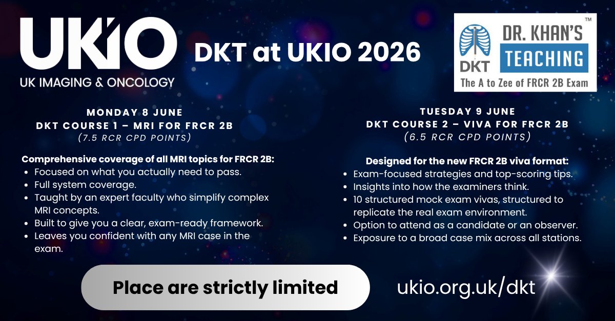 UKIOCongress's tweet photo. 📢 DKT AT UKIO - PLACES SELLING FAST
Dr Khan's Teaching at UKIO is more than 60% sold out. If you're a trainee looking for affordable training for the FRCR 2B Exam taught by the team that has trained 167,000+ globally then book soon! Find out more at https://t.co/4Cs0kPJbJU https://t.co/XrnqZQMOFp
