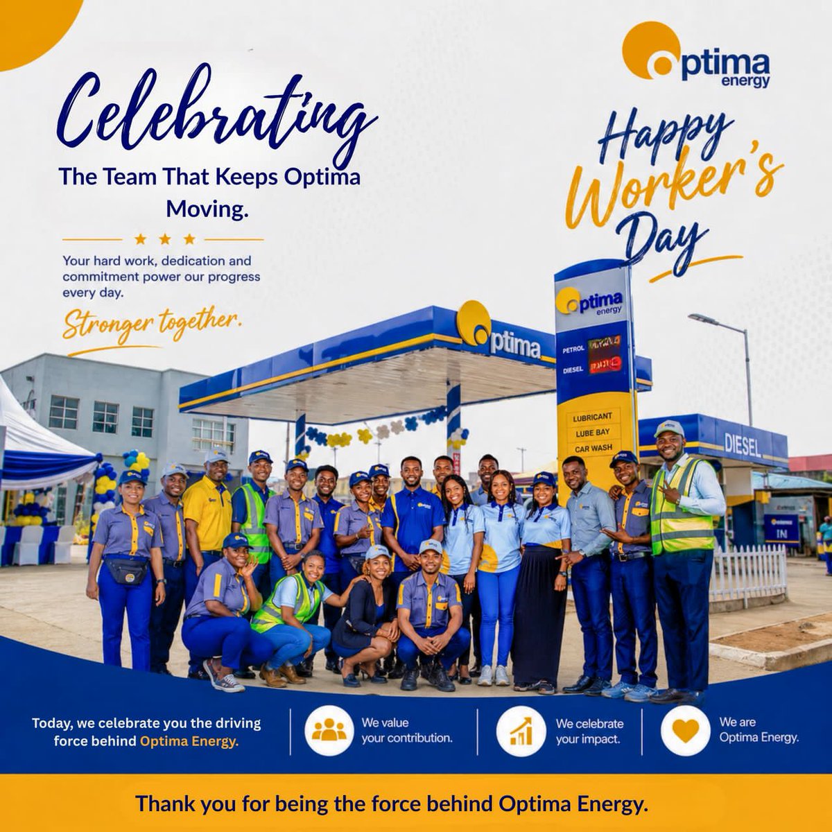OptimaEnergyLtd's tweet photo. Celebrating The Team That Keeps Optima Moving.

Your hard work, dedication and commitment power our progress every day.

Today, we celebrate you the driving force behind Optima Energy.

Happy Worker's Day!!!

#optimaenergy
#optimagas
#workersday2026 https://t.co/Va2Ti7pJrv