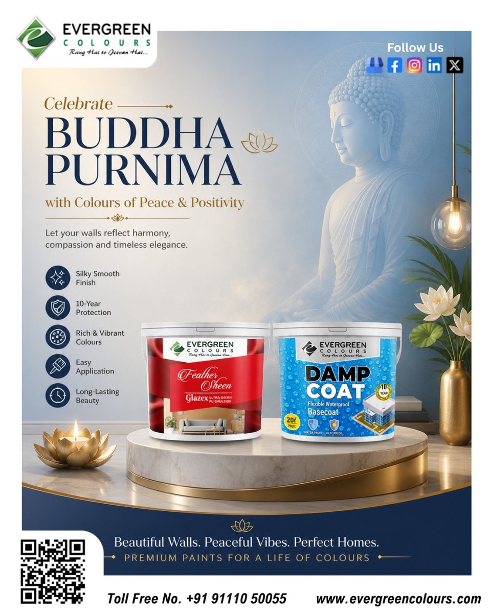colours_limited's tweet photo. Celebrate Buddha Purnima with a home that radiates positivity! 🏠 Our Feather Sheen and Damp Coat paints don’t just offer vibrant colors; they provide a "silky smooth" finish and up to 10 years of protection. 🛡️ Keep your sanctuary beautiful and waterproofed. https://t.co/v4thR53hZP